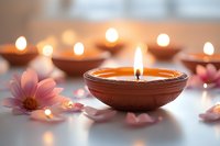 Glowing clay diya lamps with pink gerbera flower petals on white surface, soft bokeh background creates peaceful spa and meditation atmosphere.