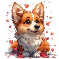 Adorable corgi puppy with big expressive eyes surrounded by floating red hearts, illustrated in soft anime style on white background for valentines designs.