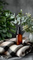 Amber essential oil dropper bottle with eucalyptus branches and white flowers on plaid blanket. Moody atmosphere for natural skincare and aromatherapy products.