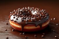 Fresh baked donut covered with chocolate glaze and sprinkled with chocolate chips on dark background, close up view of sweet pastry dessert.