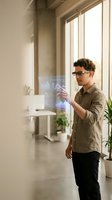 Young mixed-race businessman using holographic display technology in modern office workspace for data analysis and digital innovation projects.