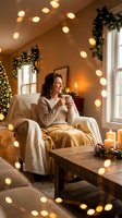 Young woman enjoying hot drink in cozy Christmas living room with warm string lights and festive decorations during winter holiday season.
