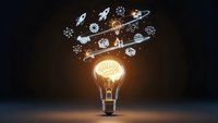 Glowing light bulb with brain filament emitting innovation icons including rockets, gears, and technology symbols on dark background for creative concepts.