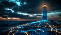 Glowing lighthouse beacon illuminates surreal cityscape network spreading across dark ocean waters, with dramatic stormy clouds and golden light creating magical atmosphere.