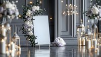 Elegant wedding setup with white floral arrangements, blank welcome board, and glowing candles against gray paneled walls creating romantic atmosphere.