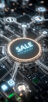Glowing blue SALE button on futuristic circuit board with connected nodes, representing digital commerce and online shopping technology.