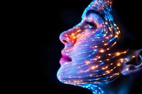 Female profile illuminated by glowing neon blue and orange light trails creating ethereal effect against dark background, showcasing futuristic beauty concept.