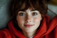 Young woman with freckles and bright blue eyes wearing red hoodie smiles warmly at camera in close up portrait with soft natural lighting and gentle expression.