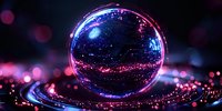 Magical crystal sphere reflecting neon lights against dark background with pink and blue bokeh effects, creating mystical atmosphere for fantasy designs.