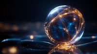 Glowing sphere with luminous golden light trails and blue energy waves floating in dark space, creating magical atmosphere with bokeh effects and reflections.