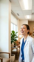 Young Caucasian female doctor in white coat and blue scrubs laughing joyfully in a modern clinic waiting room.