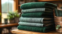 Stack of folded green knitted sweaters on wooden table in cozy home interior with natural lighting for autumn winter fashion wardrobe organization.
