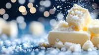 Creamy white chocolate pieces scattered with powdered sugar against sparkling bokeh lights background for holiday baking and confectionery designs.
