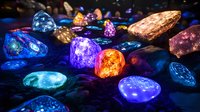 Glowing crystals and minerals in vibrant colors on dark background, illuminated gemstones with blue, purple, and orange hues creating magical mystical atmosphere.