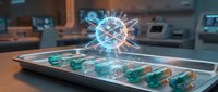 Holographic globe projection emerging from tablet with test tubes containing colorful liquid samples on laboratory desk, representing scientific research, biotechnology innovation, and digital data analysis.