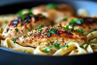 Grilled chicken breast with herbs and spices served over creamy fettuccine pasta garnished with fresh parsley in cast iron pan. Close up food photography.