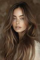 Young woman with flowing brown hair, freckles, and natural makeup against textured brown background. Ideal for beauty and fashion advertising.