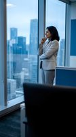 Professional African American businesswoman in gray suit standing thoughtfully by office window overlooking city skyline during daytime meeting break.