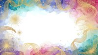 Colorful watercolor frame with golden line art flourishes and starburst elements on white background for greeting cards and invitations.