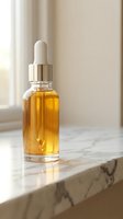 Golden serum bottle with dropper on marble surface in natural light for skincare and beauty product advertising.
