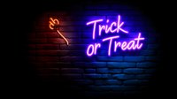 Glowing purple neon Trick or Treat sign with candy wand icon on dark brick wall background creates spooky Halloween atmosphere for seasonal decoration.