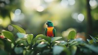 Vibrant orange-breasted hummingbird perched among green leaves in soft bokeh background, displaying iridescent turquoise head feathers in natural forest setting.
