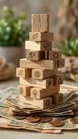 Wooden blocks stacked in tower formation with engraved sustainability icons, positioned on currency and coins, symbolizing eco-friendly financial growth and green investment strategies for business and environmental responsibility concepts.