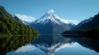 Majestic snow-capped mountain peak reflected in calm lake waters, surrounded by lush green forest slopes under blue sky, creating mirror-like symmetry in nature.
