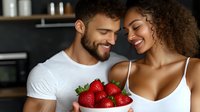 Young mixed-race couple sharing fresh strawberries in modern kitchen, expressing joy and intimacy. Romantic lifestyle moment with healthy organic fruit.