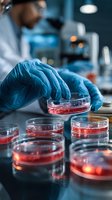 Laboratory scientist in protective gloves examining red liquid samples in petri dishes during medical research, with microscope and equipment in background.