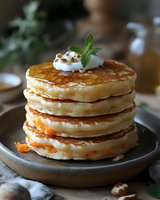 Stack of fluffy homemade pancakes topped with whipped cream, mint leaves and nuts on rustic ceramic plate. Golden brown breakfast comfort food with natural lighting.
