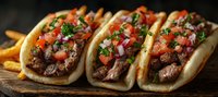 Mexican street tacos with grilled beef, fresh pico de gallo, chopped onions, and cilantro garnish served on corn tortillas with french fries on rustic wooden board.