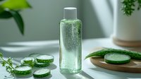 Fresh cucumber toner in transparent bottle with sliced cucumbers on wooden plate. Natural skincare concept with soft window light and green plants.