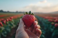 Fresh ripe strawberry held up against blurred strawberry field background during sunset, showcasing natural farming and harvest season perspective.