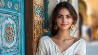 Young woman with natural makeup and gold earrings wearing white dress against ornate turquoise and gold oriental wall background, soft natural lighting creates romantic mood.