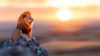 Majestic lion sitting on rocky outcrop during golden hour sunset with warm orange sky and mountain landscape background for wildlife photography.