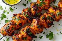 Grilled tandoori chicken kebabs with charred edges and fresh herbs, served on white plate with yellow dipping sauce and cilantro garnish. Traditional Indian cuisine.