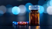 Brown medicine bottle with red and blue capsule pills on dark surface against blurred blue bokeh background, dramatic pharmaceutical composition.