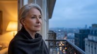 Mature blonde woman in gray sweater looking thoughtfully out apartment window at twilight city skyline with warm interior lighting.