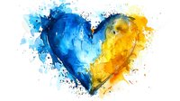 Expressive heart shape in vibrant blue and yellow watercolor with dynamic paint splashes and splatters on white background, artistic abstract love symbol.