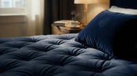 Dark blue quilted comforter and pillow on bed with warm bedroom lighting, suitable for home decor, bedding product marketing, and interior design content.
