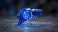 Blue crystal liver organ with faceted gemstone surface on dark background for medical and healthcare design concepts.