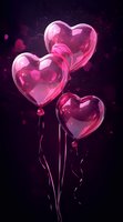 Pink translucent heart-shaped balloons floating against dark background with glowing particles and ribbons, romantic celebration atmosphere for Valentine's Day designs.