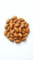 Whole roasted almonds arranged in a circular pile on white background, isolated and ready for food, nutrition, and healthy snack design projects.