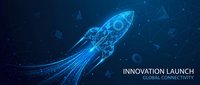 Digital rocket launch with glowing blue wireframe design and particle trails on dark background for technology and innovation concepts.