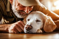 Mature Caucasian man with gray beard sharing tender moment with senior golden retriever dog in warm sunlight, expressing bond and companionship between human and pet.