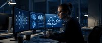 Female data scientist analyzing complex neural network algorithms on multiple computer monitors in modern tech laboratory workspace at night.