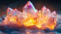Glowing crystal cluster with orange and pink illumination against dark background, magical mineral formation with inner light and mystical atmosphere.