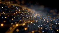Abstract digital network with glowing golden connections and bokeh lights on dark background for technology and data visualization concepts.