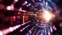 Abstract digital tunnel with glowing pink and purple light effects, circular pattern leading to bright center point. Technology concept for data transfer and network connections.